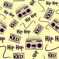 Vintage seamless pattern with old music hip hop elements. Repetitive background with boomboxes, cassettes and cables. Nostalgic retro art from the 90s and 80s with hiphop devices. vector