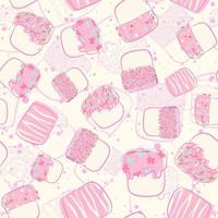 Kawaii seamless pattern with pink marshmallows and colorful sprinkles. Repeat background with sweets and desserts for kids and children. All over texture with candies and doodles. vector