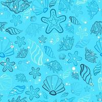 estampado en azul celeste con criaturas marinas y oceánicas. patrón sin fisuras con conchas marinas, estrellas de mar, caracoles y garabatos de almejas. Fondo de repetición oceánica con vida marina submarina para álbumes de recortes vector