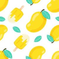 Aislante de frutas de mango de patrones sin fisuras con helado en verano sobre fondo blanco. ilustración vectorial. vector