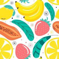 Hand drawn cute seamless pattern  fruits, Banana, Papaya Strawberry, Lemon and leaf on white background. Vector illustration.