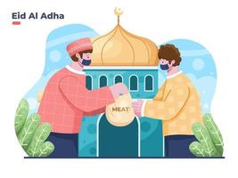 Eid Al Adha illustration with Muslim person giving alms or a plastic bag containing sacrificial meat to the poor or the underprivileged. Give charity to the other person to celebrate eid al adha. vector