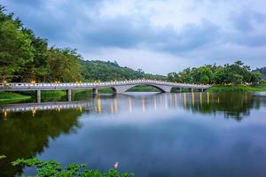 Lago de pasto verde con hermoso puente en hsinchu, taiwán foto
