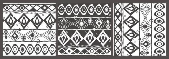 Gray white seamless geometric endless pattern of curved circles, arcs, rhombuses, triangles. Ethnic motives. Image contains three variants of the same pattern