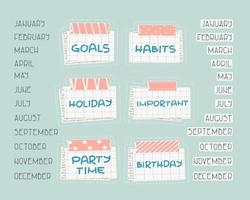 List of months from January to December for planning or calendar, Holiday, Birthday, Party time, Important, Goals, Habits  text on the squared paper, patterned washi tape with piece of newspaper vector