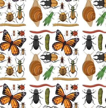 Seamless pattern with many insects on white background vector