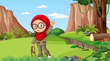 escena de la naturaleza con un personaje de dibujos animados de niña musulmana explorando en el bosque vector