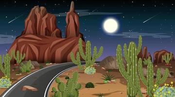 paisaje de bosque desértico en la escena nocturna con un largo camino vector