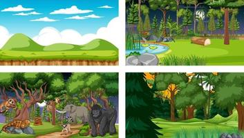 Set of different forest horizontal scene with various wild animals vector