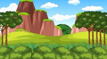 Forest scene with various forest trees and cliff vector