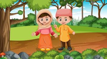 Muslim kids wears traditional clothes in the forest scene vector