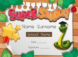 Diploma or certificate template for school kids with super snake cartoon character vector