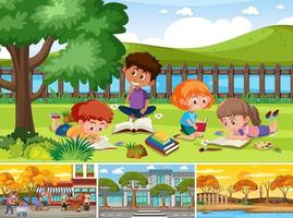 Four different scenes with children cartoon character vector