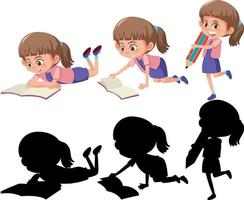 Set of a girl cartoon character in different positions with its silhouette vector