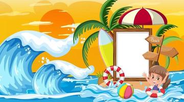 Empty banner template with kids on vacation at the beach sunset scene vector