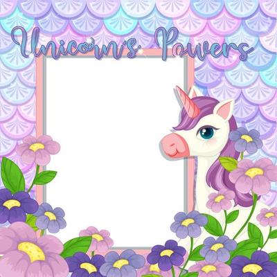 Empty banner with cute unicorn cartoon character on pastel mermaid scales