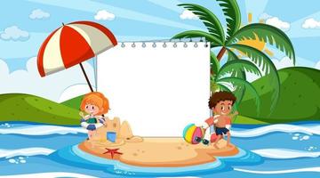 Plantilla de banner vacío con niños de vacaciones en la escena diurna de la playa vector