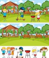 Set of different horizontal scenes background with doodle kids cartoon character vector