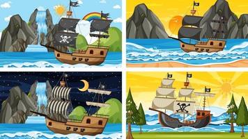 Set of different beach scenes with pirate ship vector