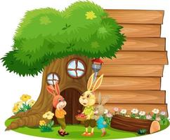 Blank wooden banner in the garden with cute rabbits isolated vector
