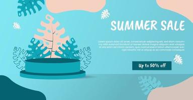 podio de venta de banner de verano 3d con color azul floral botánico vector