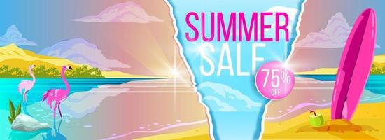 banner de venta de verano, playa tropical, flamenco rosado, tabla de surf, fondo de paraíso exótico vector