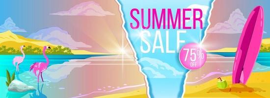 Summer sale banner, tropical beach, pink flamingo, surfboard, exotic paradise background vector