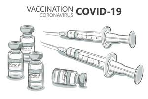 Covid-19 vaccine bottles and syringes vector