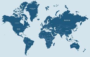 Blue vector world map complete with all countries and capital cities names.