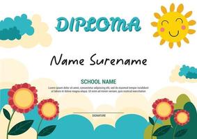 certificado de plantilla de diploma escolar y premios para niños premian flores y sol vector