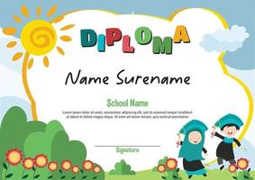 School and preschool diploma template certificate and awards for kids award apretiation with happy little school kids jump vector