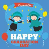 felicitaciones feliz graduación musulmanes dos niños saltan el personaje de la tarjeta vector