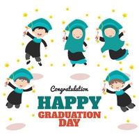 felicitaciones feliz graduación niños musulmanes saltar tarjeta personaje vector