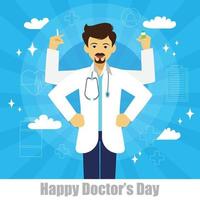 The character of doctor have four hands like a god on blue background vector