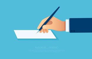 hand with pen writing on the white page. vector illustration