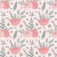 Hand drawn botany seamless pattern with pink gentle flowers. Vector illustration