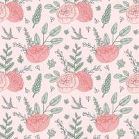 Hand drawn botany seamless pattern with pink gentle flowers. Vector illustration