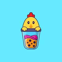 Cute chicken Drinking Boba milk tea. Animal cartoon concept isolated. Can used for t-shirt, greeting card, invitation card or mascot. Flat Cartoon Style vector