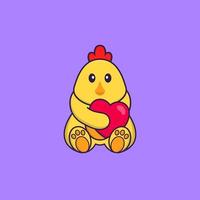 Cute chicken holding a big red heart. Animal cartoon concept isolated. Can used for t-shirt, greeting card, invitation card or mascot. Flat Cartoon Style vector