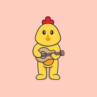 Cute chicken playing guitar. Animal cartoon concept isolated. Can used for t-shirt, greeting card, invitation card or mascot. Flat Cartoon Style vector