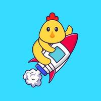 Cute chicken flying on rocket. Animal cartoon concept isolated. Can used for t-shirt, greeting card, invitation card or mascot. Flat Cartoon Style vector