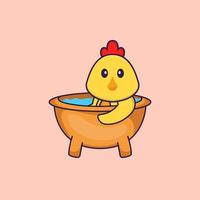 Cute chicken taking a bath in the bathtub. Animal cartoon concept isolated. Can used for t-shirt, greeting card, invitation card or mascot. Flat Cartoon Style vector