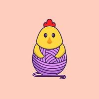 Cute chicken playing with wool yarn. Animal cartoon concept isolated. Can used for t-shirt, greeting card, invitation card or mascot. Flat Cartoon Style vector