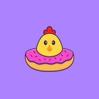 Cute chicken with a donut on his neck. Animal cartoon concept isolated. Can used for t-shirt, greeting card, invitation card or mascot. Flat Cartoon Style