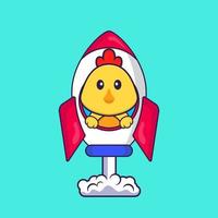 Cute chicken flying on rocket. Animal cartoon concept isolated. Can used for t-shirt, greeting card, invitation card or mascot. Flat Cartoon Style vector