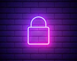 Glowing neon line Lock icon isolated on brick wall background. Closed padlock sign. Cyber security concept. Digital data protection. Safety safety. Colorful outline concept. Vector