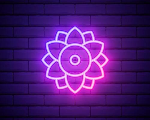 Flower pink glowing neon ui ux icon. Glowing sign logo vector . Glowing flower isolated on brick wall background.