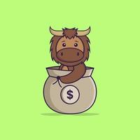 Cute bull in a money bag. Animal cartoon concept isolated. Can used for t-shirt, greeting card, invitation card or mascot. Flat Cartoon Style vector