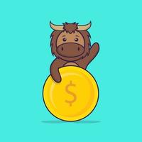 Cute bull holding coin. Animal cartoon concept isolated. Can used for t-shirt, greeting card, invitation card or mascot. Flat Cartoon Style vector