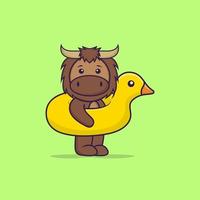 Cute bull With Duck buoy. Animal cartoon concept isolated. Can used for t-shirt, greeting card, invitation card or mascot. Flat Cartoon Style vector